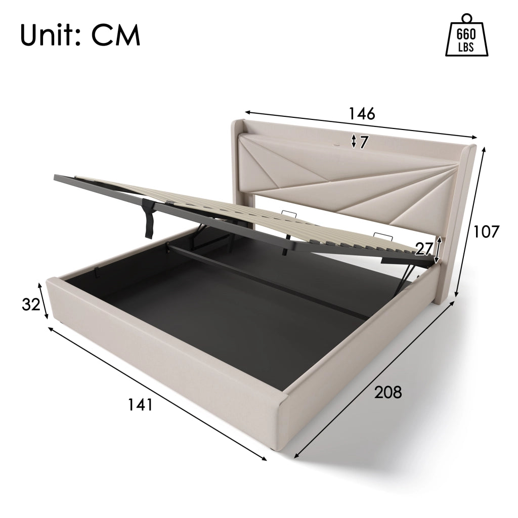 Letti contenitori 140x200 cm con contenitore e ricarica USB Type-C; cotone e lino beige (Senza materasso)