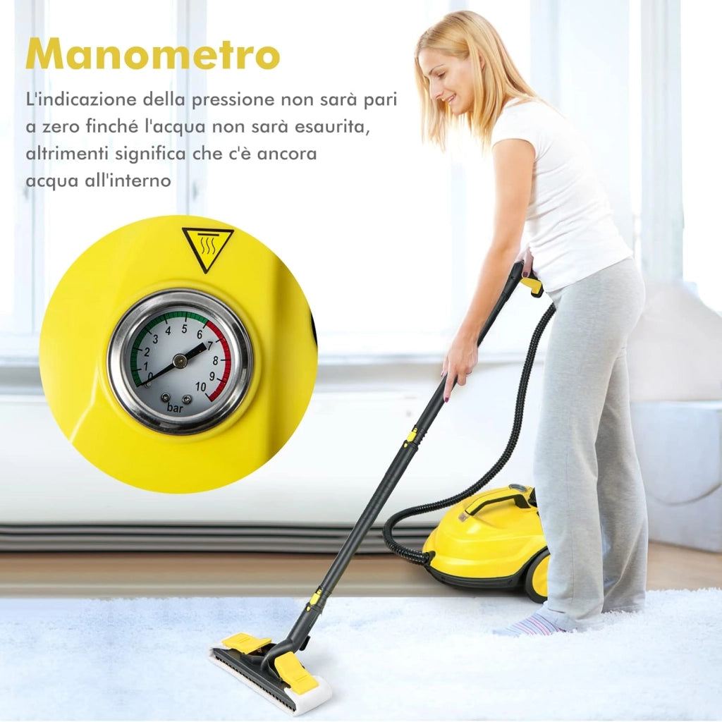 2000W Pulitore a Vapore, Macchina per Pulizia Rotante con 13 Accessori, Capacità d'Acqua di 1,8L, Macchina a Vapore Multiuso per Tappeti Finestre Vetri e Tende (Giallo)