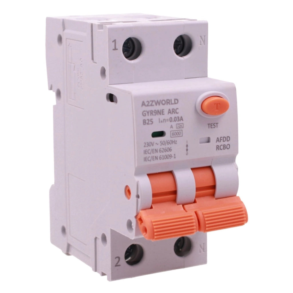 A2ZWORLD AFDD RCBO Interruttore Antincendio, Magnetotermico Differenziale con Rilevamento di Arco Elettrico, Tipo A Curva B, 1P+N 2M 6000A 30mA, AC 220V Doppia Leva GYR9NE-ARC (B25A)