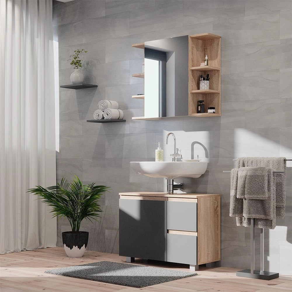 Set mobili bagno J-Shape, Sonoma, 80 cm, composto da specchio da bagno e mobile sottolavabo