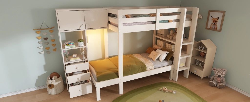 LETTO A CASTELLO SFALSATO 90x200 cm Bianco Metallo e Legno con Ripiani e Cassetti
