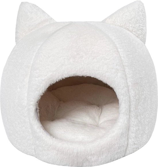 Gatto amichevole Opvougbile - piuma soffice - pelo artificiale - gatto - orecchie - bianco - 38 x 38 x 35 cm - per gatti - piccoli cani