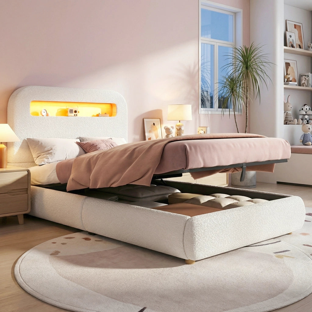 Letto Singolo 90x200 cm con Contenitore e LED; Letto in Bouclé Bianco