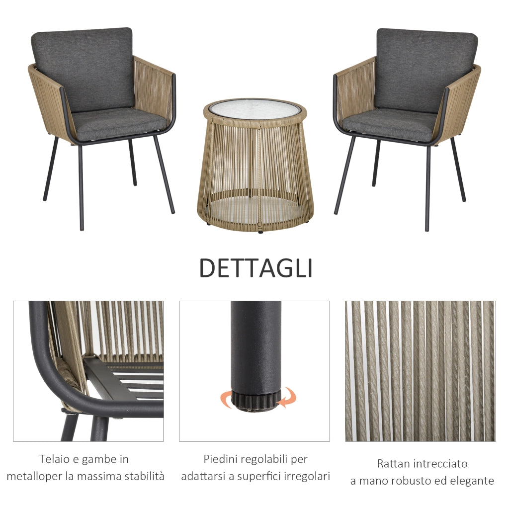 Set Poltroncine con Tavolino da Esterno ¨C Xylo ¨C Rattan PE Grigio Cachi Stile Boho