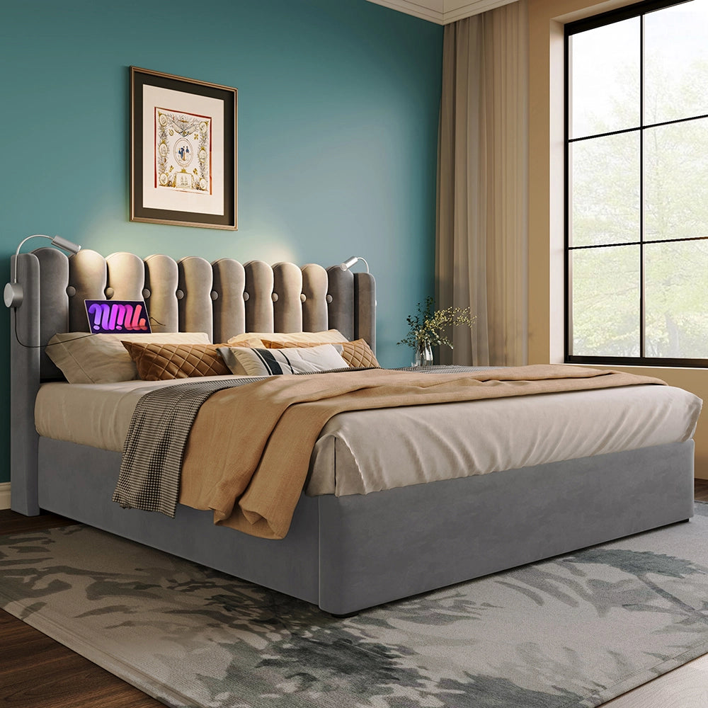 Letto a cassone imbottito - Xylo - 160x200 cm - Grigio - Con funzione di carico e due luci da lettura