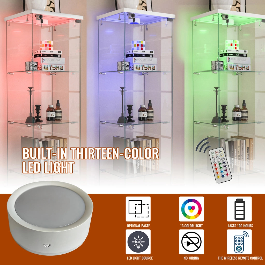 Vetrina con cassetti e LED a 13 colori in MDF e vetro bianco con 4 ripiani e ruote 167 × 42,5 × 36,5 cm
