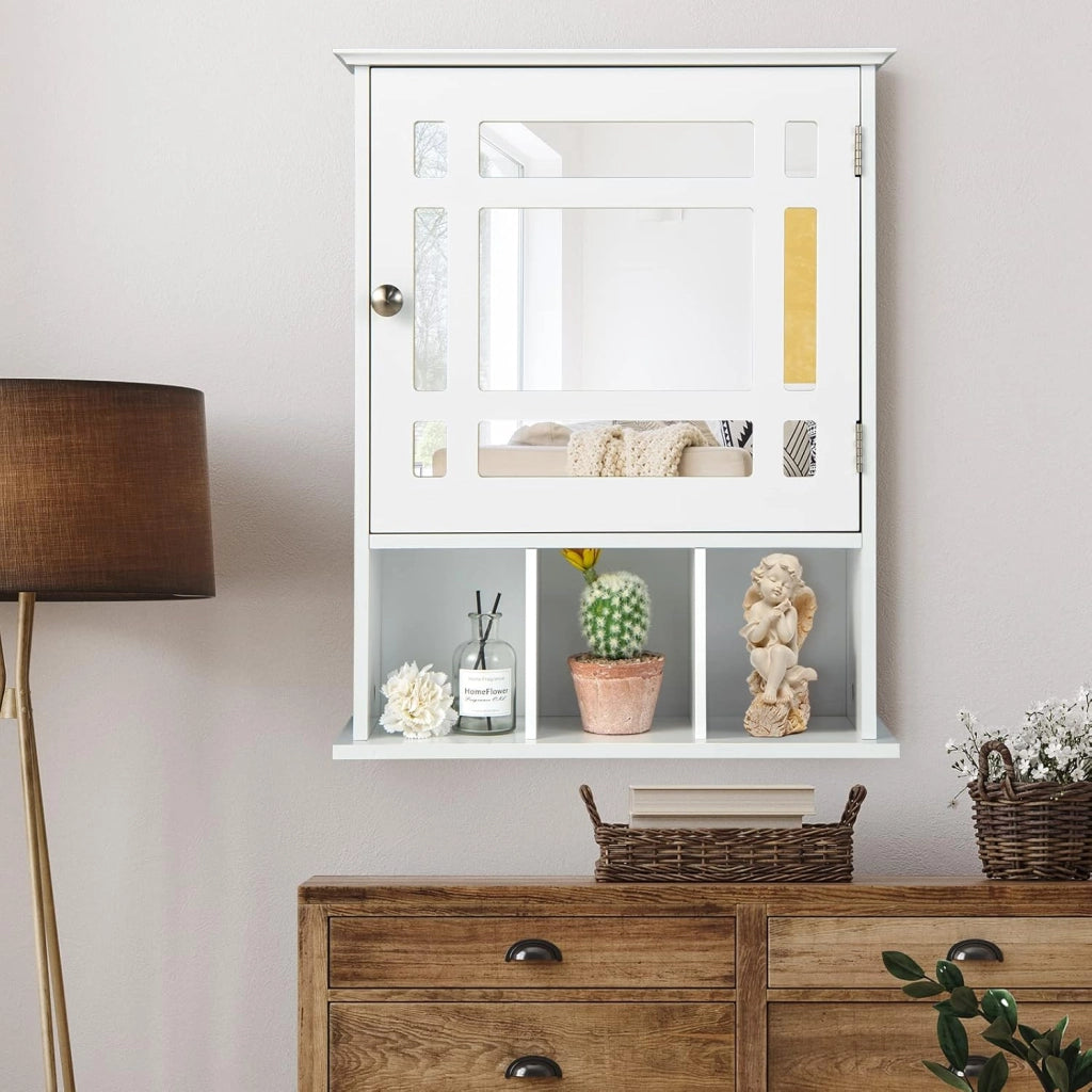 Specchio Bagno con Mensola, Toletta da Trucco Bianco con Specchio con 3 Scomparti e 1 Anta, Armadietto da Parete con Ripiano Regolabile, 48x17x60cm