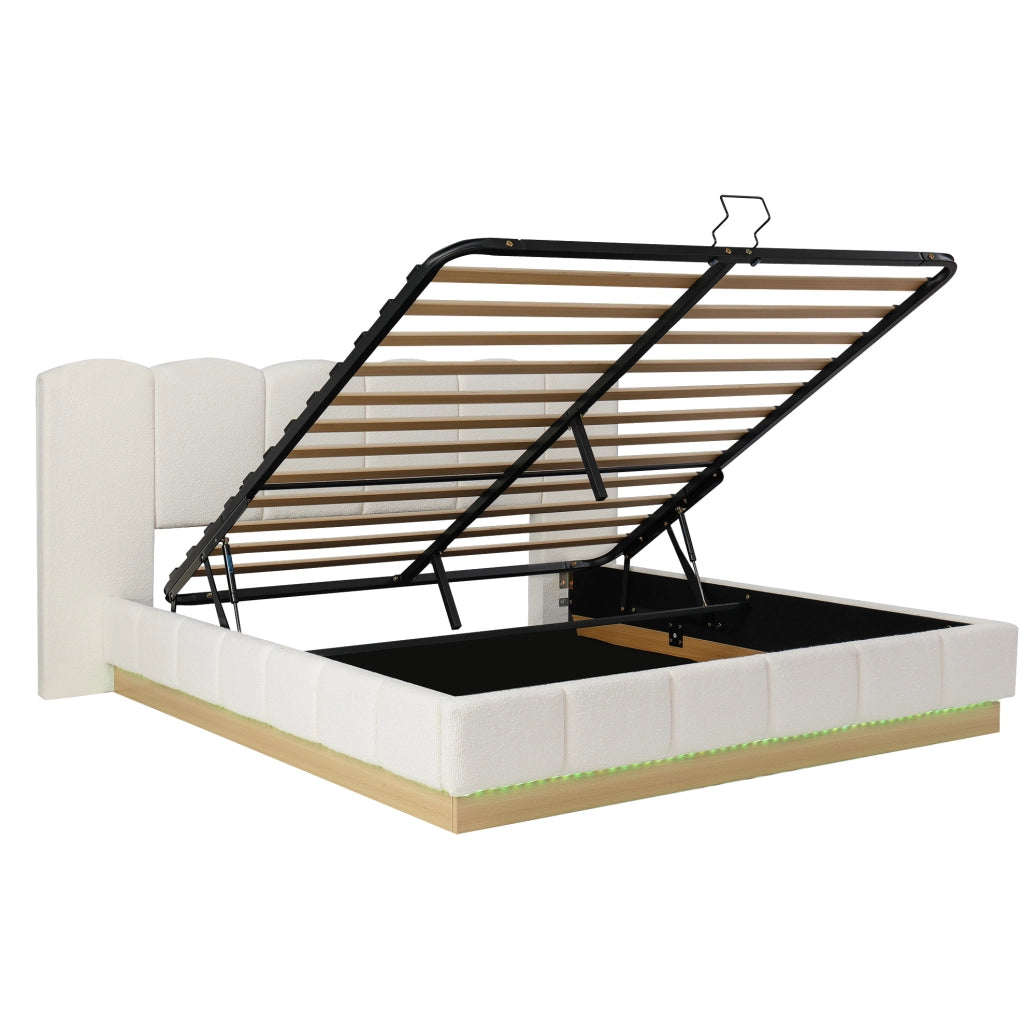 Letto imbottito 180x200 cm con contenitore idraulico e LED in bouclé bianco