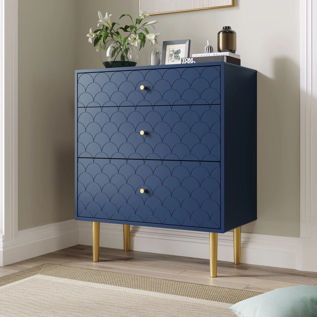 OKWISH Comò con 3 Cassetti, Frontale con Motivo a Scaglie e Gambe in Metallo, Legno e Metallo, Blu Navy, 75 x 40 x 89 cm