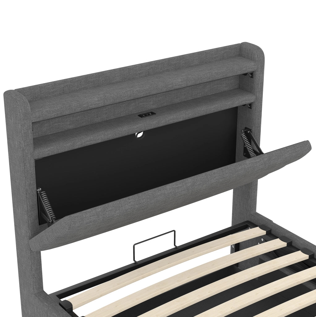 Letto imbottito 90x200 cm con LED; contenitore idraulico; USB e Type-C in lino grigio