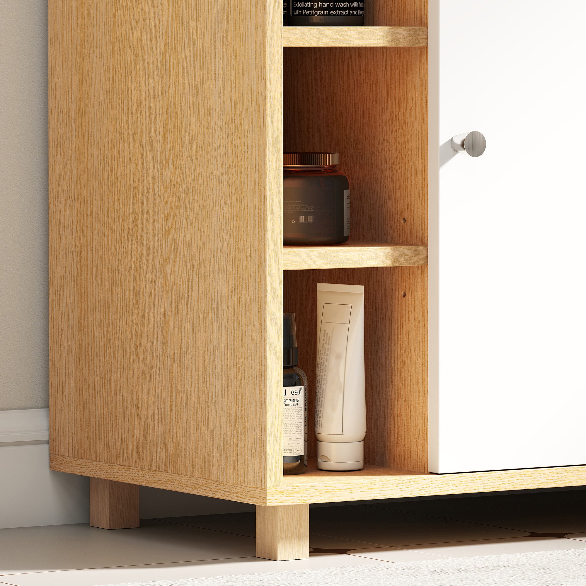 Mobile Sottolavabo Bagno 60x33x57cm con Armadietto a 2 Ante Soft-Close e 6 Ripiani Aperti Bianco