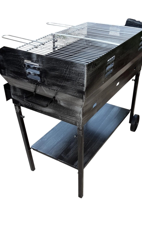 Barbecue a Legna e Carbonella in Ferro, con Ruote, Regolabile su 2 Altezze, Griglia in Acciaio, Ripiano poggia utensili 90x45 cm