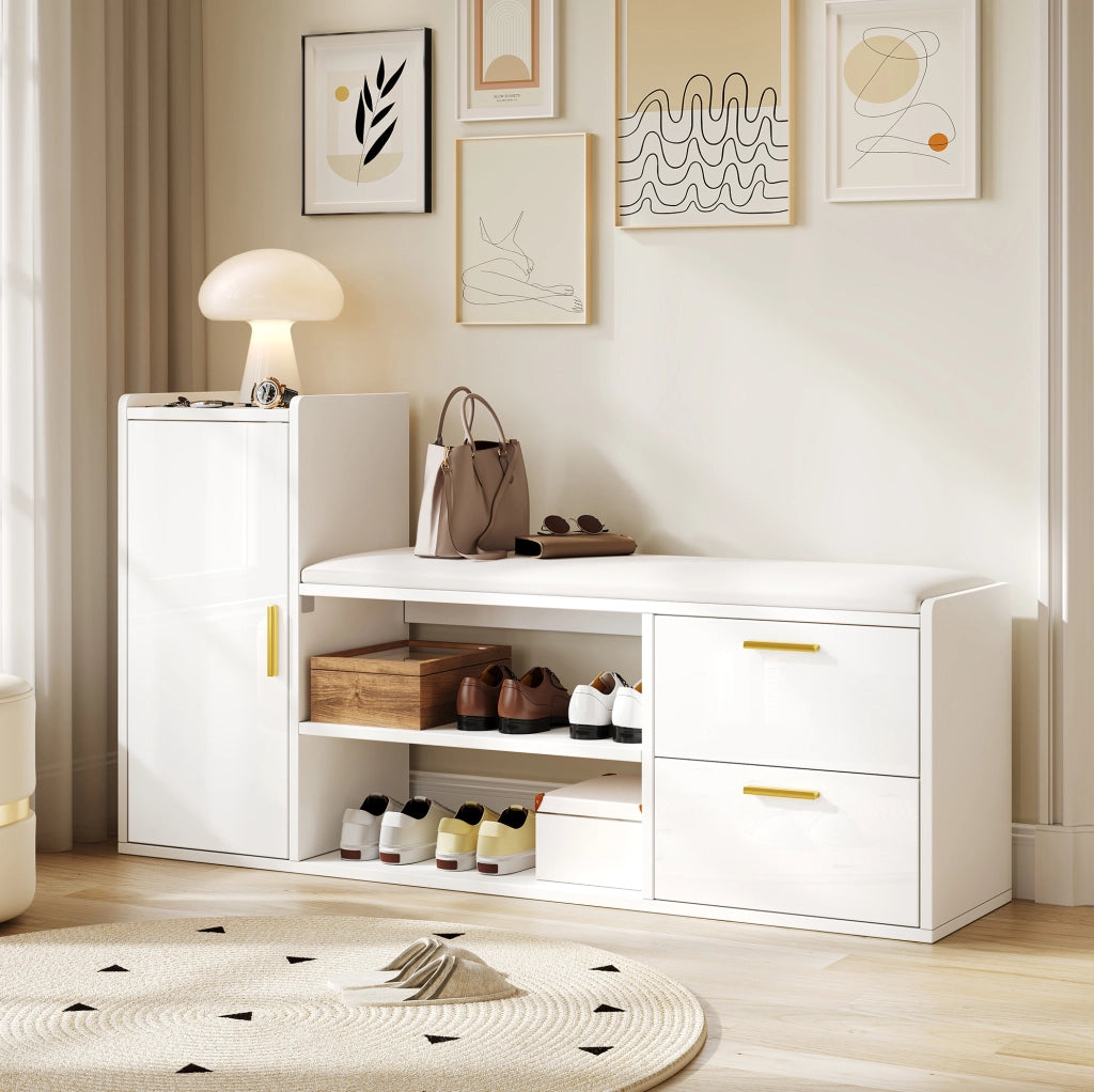 Scarpiera 128x30x68 cm con 2 cassetti; 1 anta e seduta imbottita in truciolato bianco