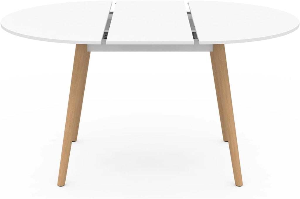 Tavolo da Pranzo Rotondo allungabile Angela Bianco con Gambe in Legno 110-150 cm e Set di 4 sedie Sara Bianche