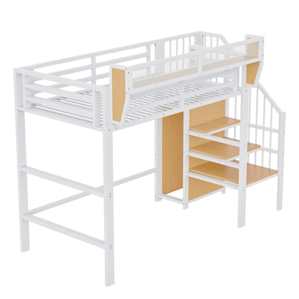 Letto a soppalco singolo 90×200 cm con scaletta di sicurezza e ripiano regolabile; senza materasso; metallo; bianco