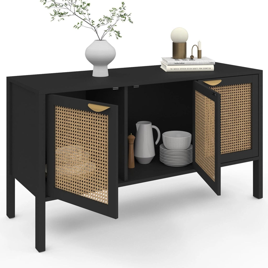 EDHEN 110 cm Credenza bassa a 3 ante in legno nero e canna da zucchero