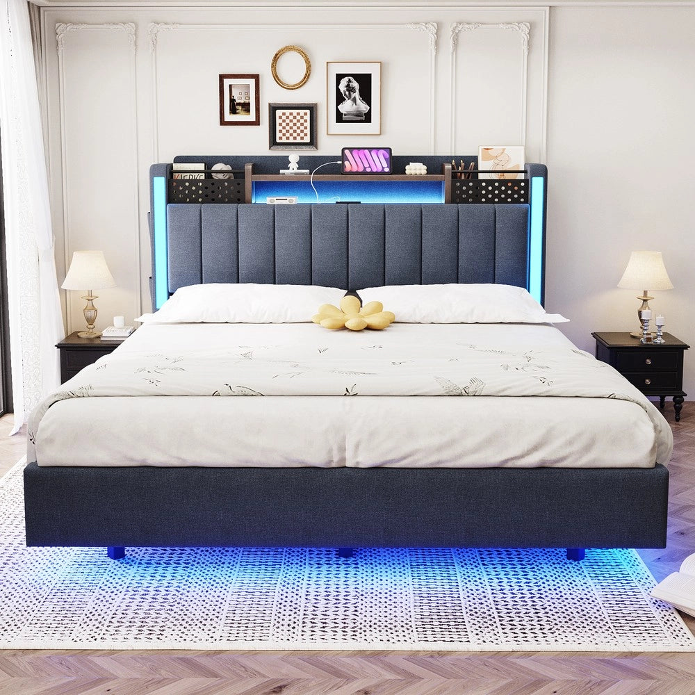 Letto Imbottito con LED e USB ¨C MINIMAL ¨C Tessuto Grigio 140x200 con Contenitore
