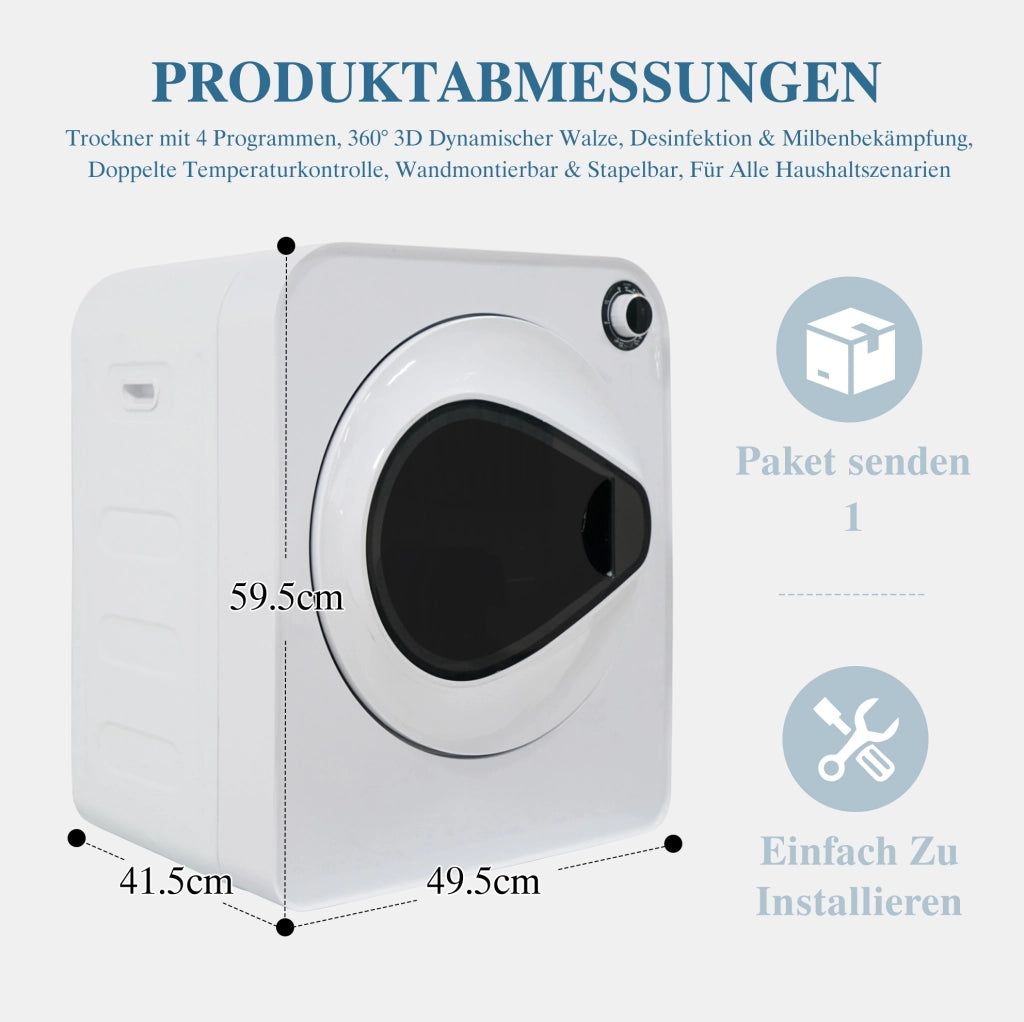 Asciugatrice compatta 4 kg; 4 programmi con raffreddamento; installazione a parete o in colonna; bianca