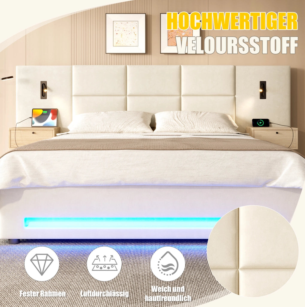 Letto matrimoniale imbottito 180x200 cm in velluto beige con contenitore; USB-C e LED