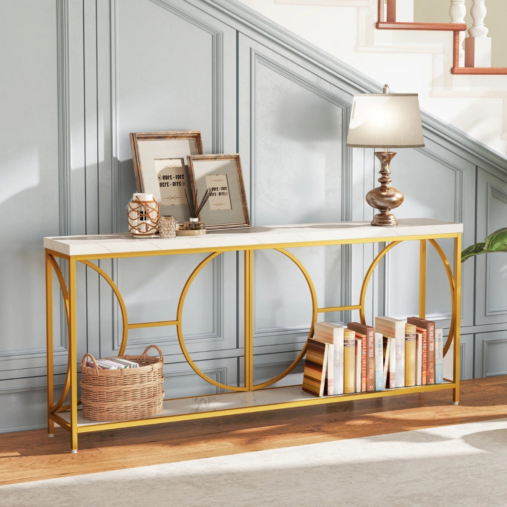 Tavolo console a 2 livelli con superficie in marmo finto, Tavolo console stretto da 180 cm per ingresso Bianco + Oro-Consolle