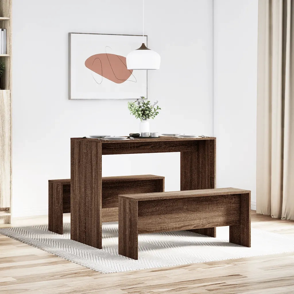 Set Tavolo da Pranzo e Panche 3 pz Rovere Marrone in Truciolato 855537