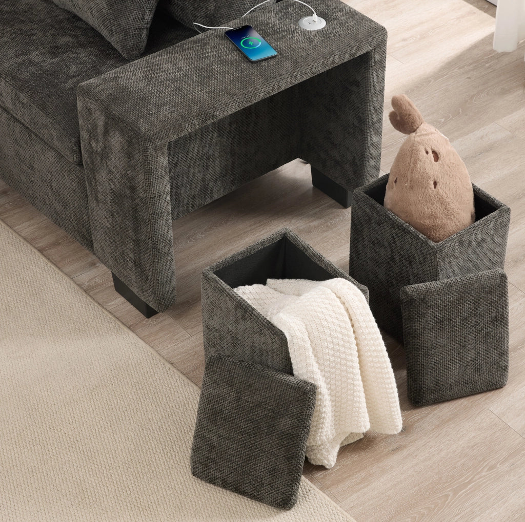 Divano letto angolare modulare 220 cm in ciniglia grigia con chaise longue reversibile e USB