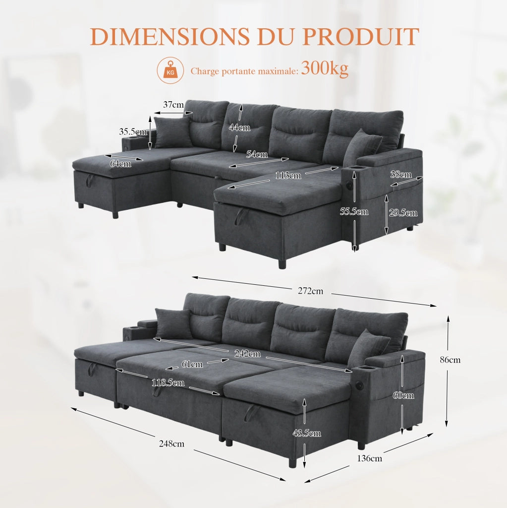 Divano 4 posti con doppia chaise longue; contenitori; portabicchieri e USB Type-C 272x136x86 cm; grigio scuro