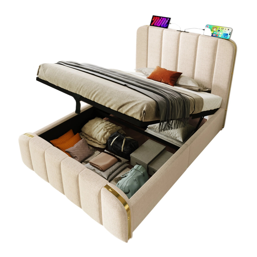 Letto Contenitore Letto Matrimoniale 160 x 200 cm con USB; Type-C e LED regolabile; senza Materasso; Lino Beige