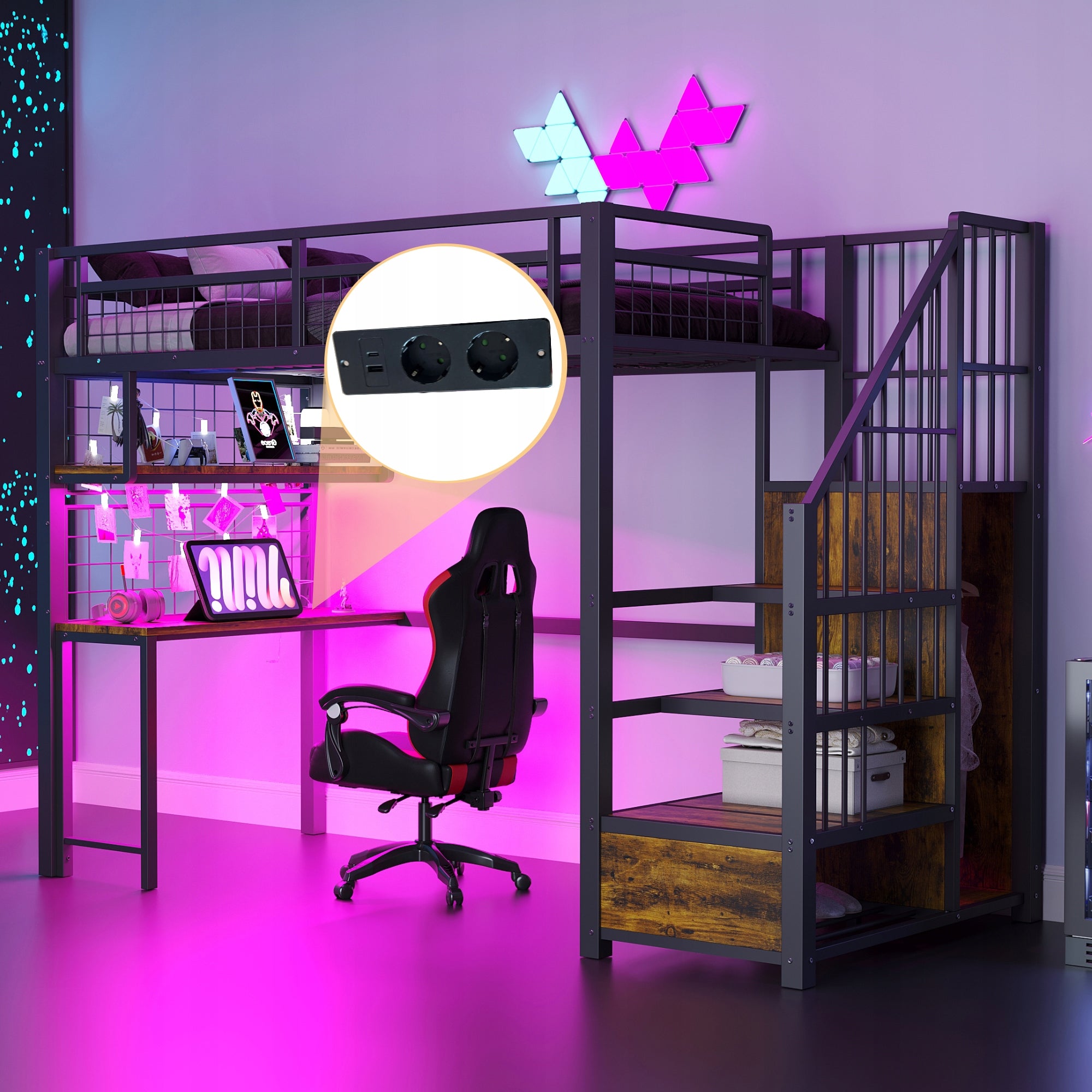 Letto a castello 90x200 nero - Xylo - con illuminazione e ripostiglio