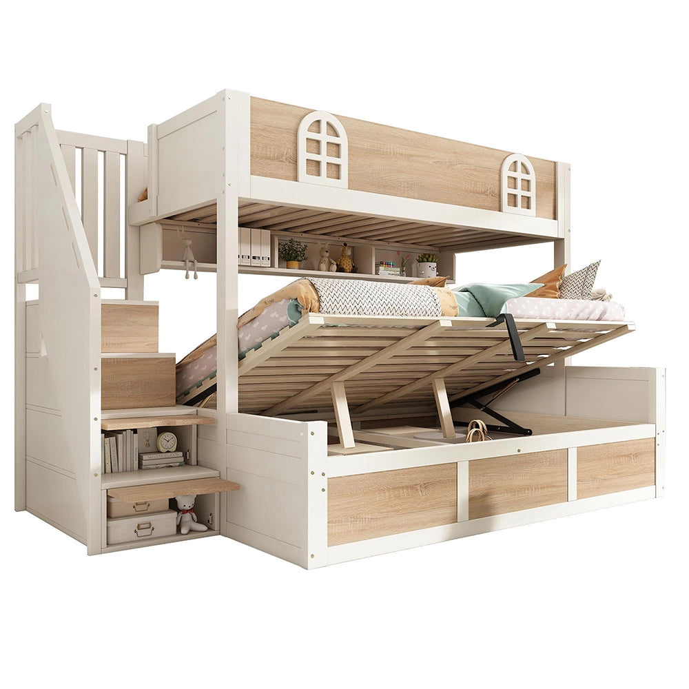 Letto a castello per bambini con spazio di archiviazione - Xylo - 90x200 e 140x200 cm, bianco naturale, sicuro