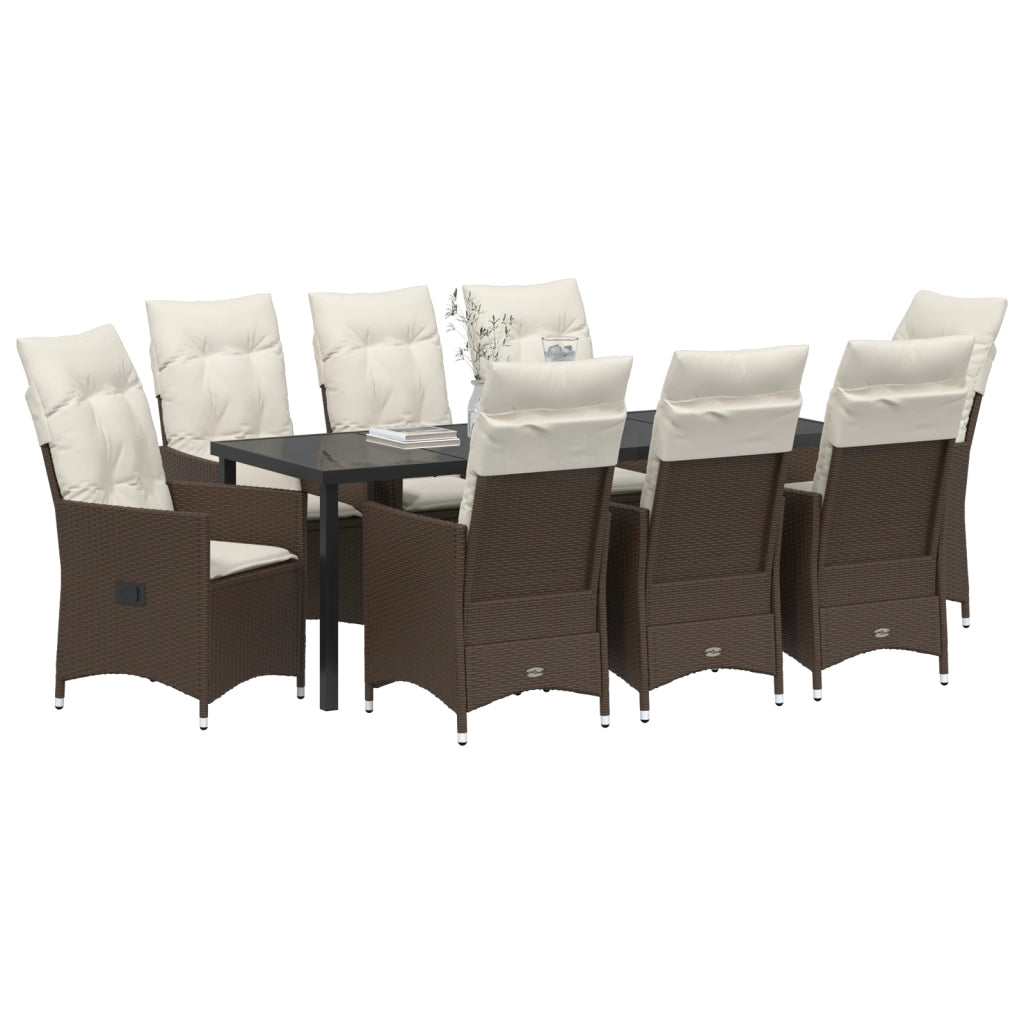 Set da Pranzo da Giardino 9 Pezzi con Cuscini Marrone in Polyrattan