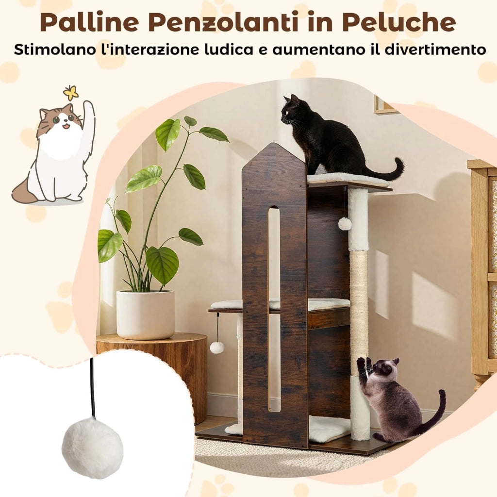 Albero per Gatti Alto 120 cm, Tiragraffi per Gattini in Legno con Posti Graffianti in Sisal, Palline Pendenti, Cuscini Morbidi e Piazzola, Tiragraffi Gatto per Arrampicata