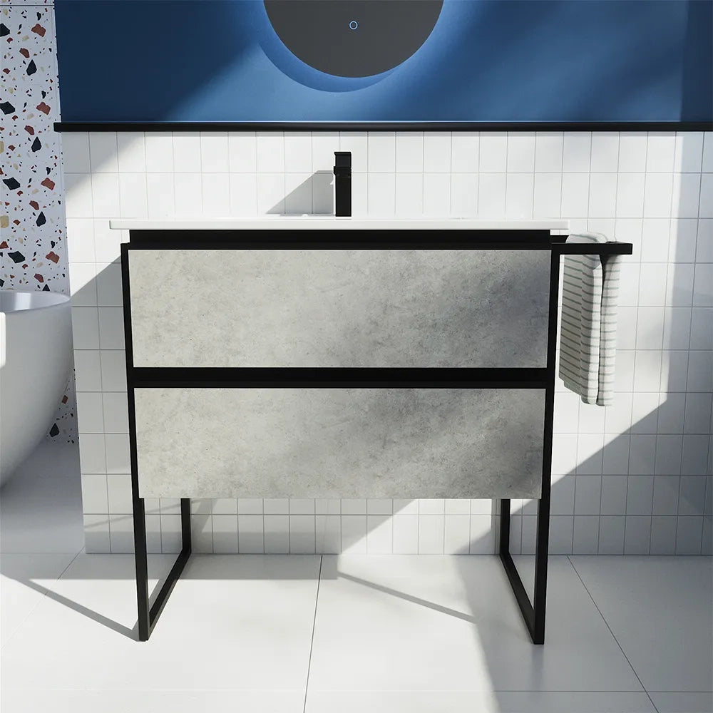 Mobile bagno a terra 100cm grigio cemento con lavabo in ceramica | Sapo