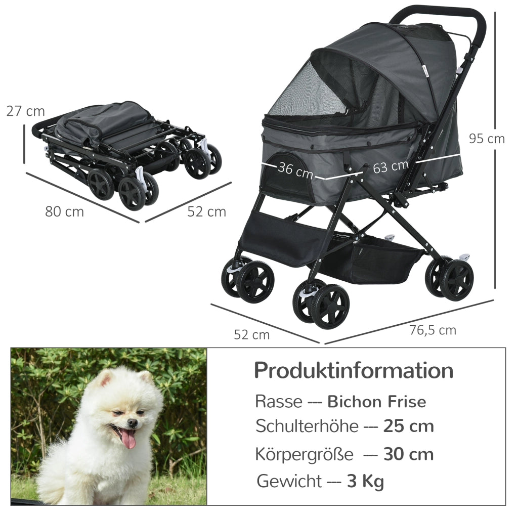 Carrello pieghevole per piccoli cani e gatti con cestino, finestre in rete e ruote girevoli in poliestere grigio scuro