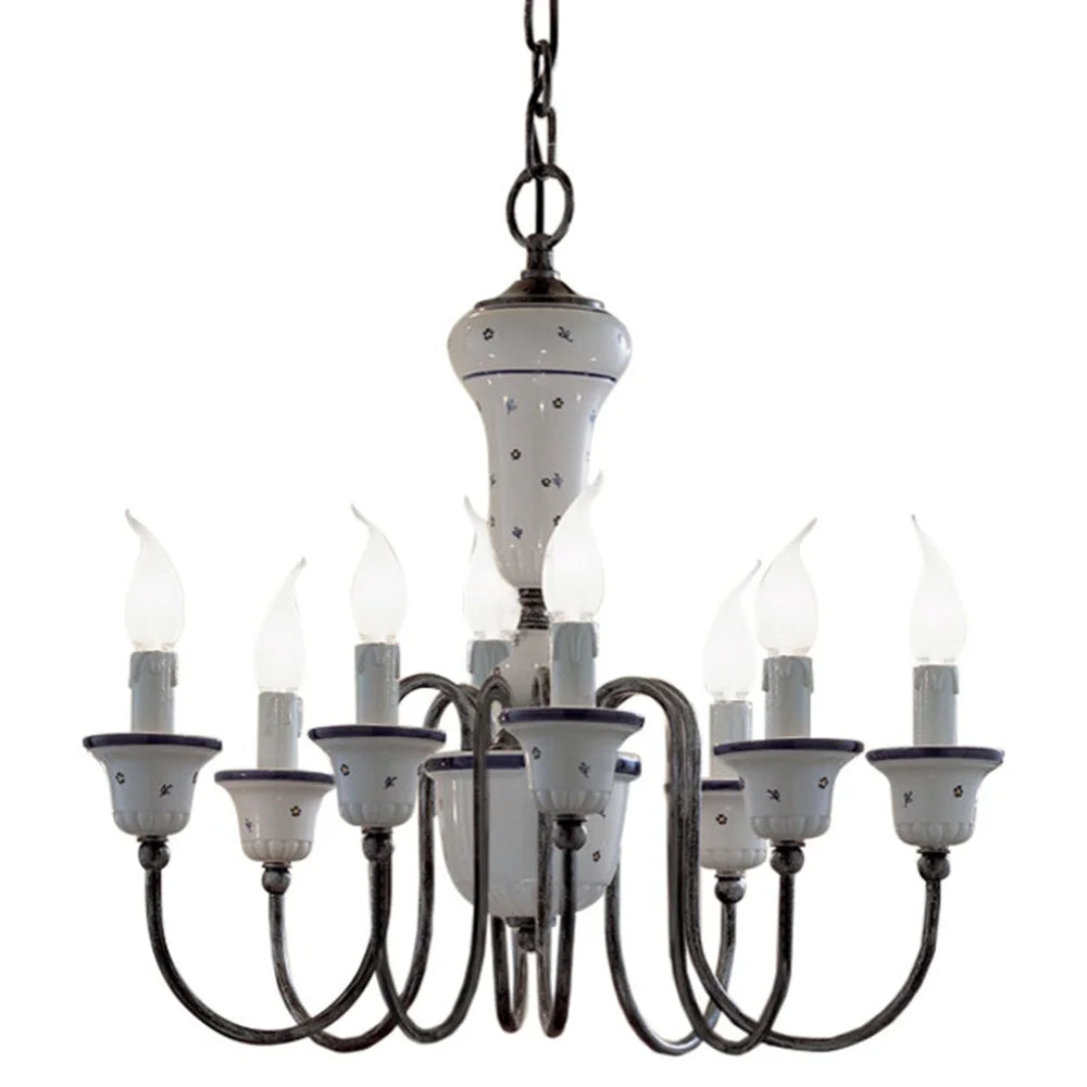 Lampadario Classico Sanremo Metallo E Ceramica Bianco Sfumato Argento 8 Luce E14
