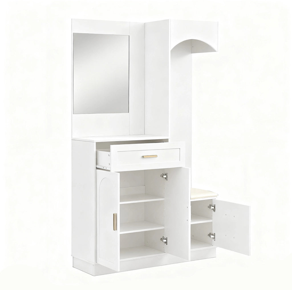 Guardaroba da ingresso 110x33x185.5 cm con scarpiera; specchio e panca bianco