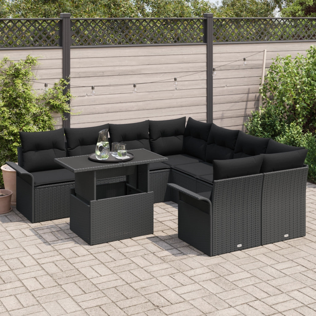 Set di Divani da Giardino 9 Pezzi con Cuscini Nero Polyrattan