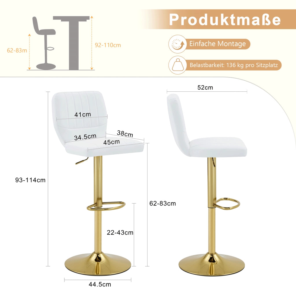 BARHOCKER Girevole 360° regolabile 62-83 cm in PU bianco e oro