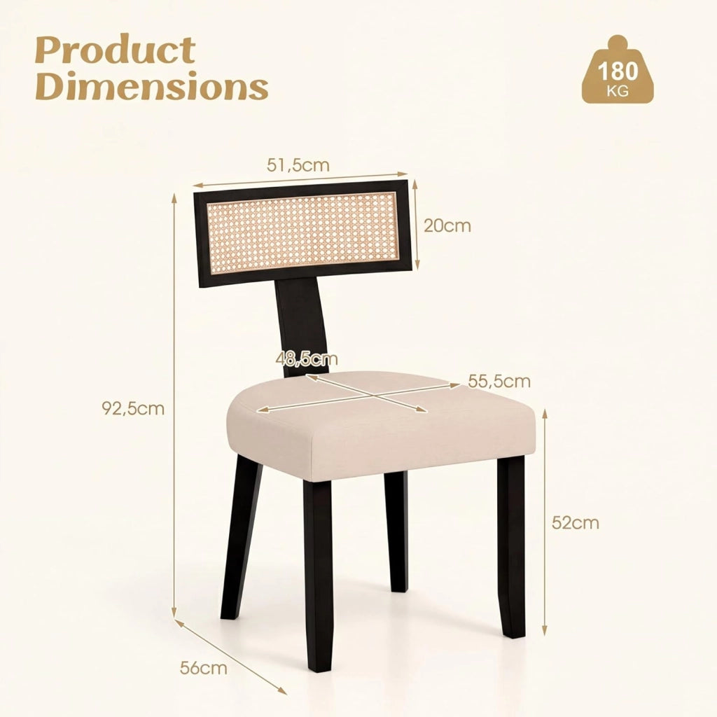 Sedia da Pranzo Imbottita, Sedia da Cucina con Sedile in Tessuto Lino e Schienale Curvo in Rattan, Portata 180 kg, Sgabello Moderno per Soggiorno e Sala da Pranzo, 56x55,5x92,5 cm (Nero)