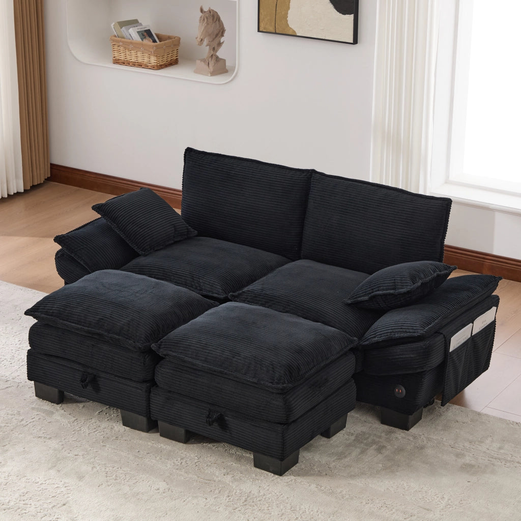 Divano modulare 2 posti con schienale ergonomico, porta USB-C e tasche laterali, con pouf in tessuto corduroy nero