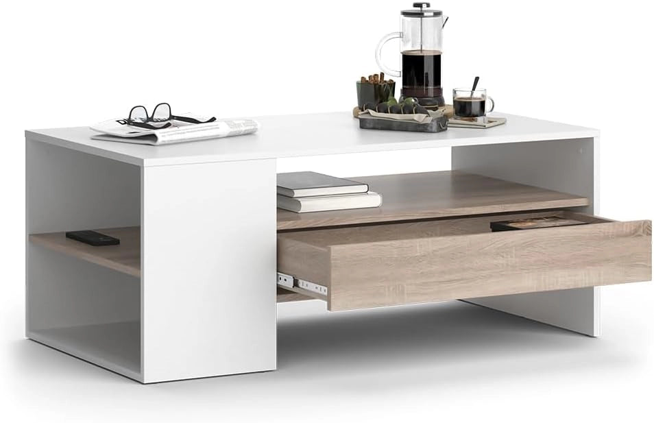 Tavolino Fabien, Bianco, 110 x 60 cm, con ripiani aperti per organizzare gli accessori per la casa