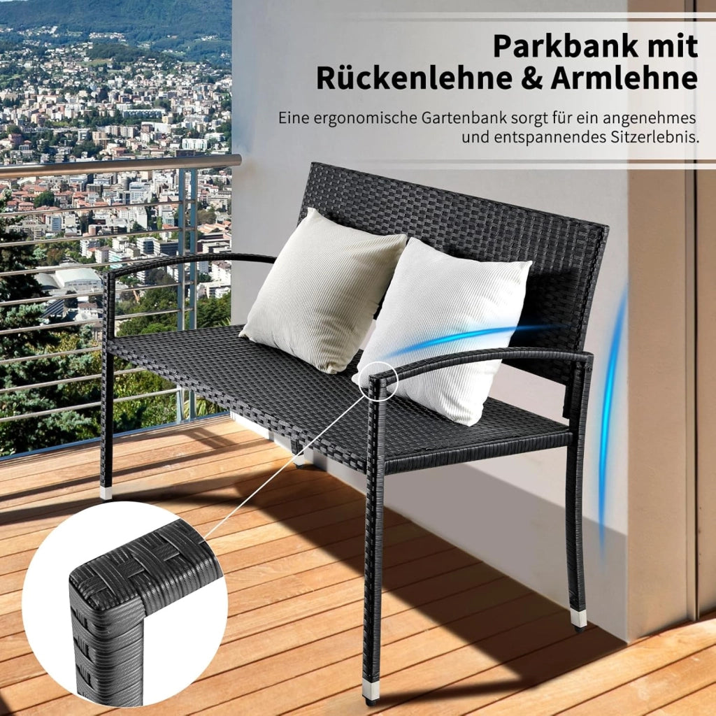 Panca da Giardino in Rattan, Panca da Balcone a 2 Posti, Resistente Alle Intemperie, Bifacciale in Rattan, Sedia da Giardino per Esterno, Terrazze e Balcone, 122x62x90 cm, Nero