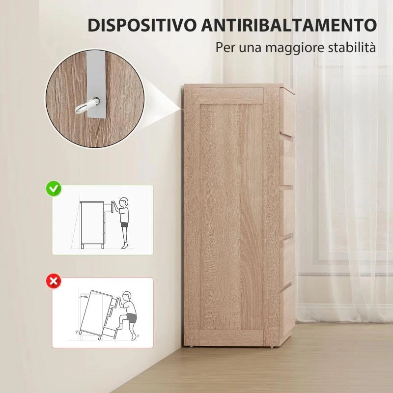 CASSETTIERA 5 CASSETTI IN LEGNO CON GUIDE IN METALLO E MANIGLIE SCANALATE, 60X39X100 CM, COLOR FAGGIO