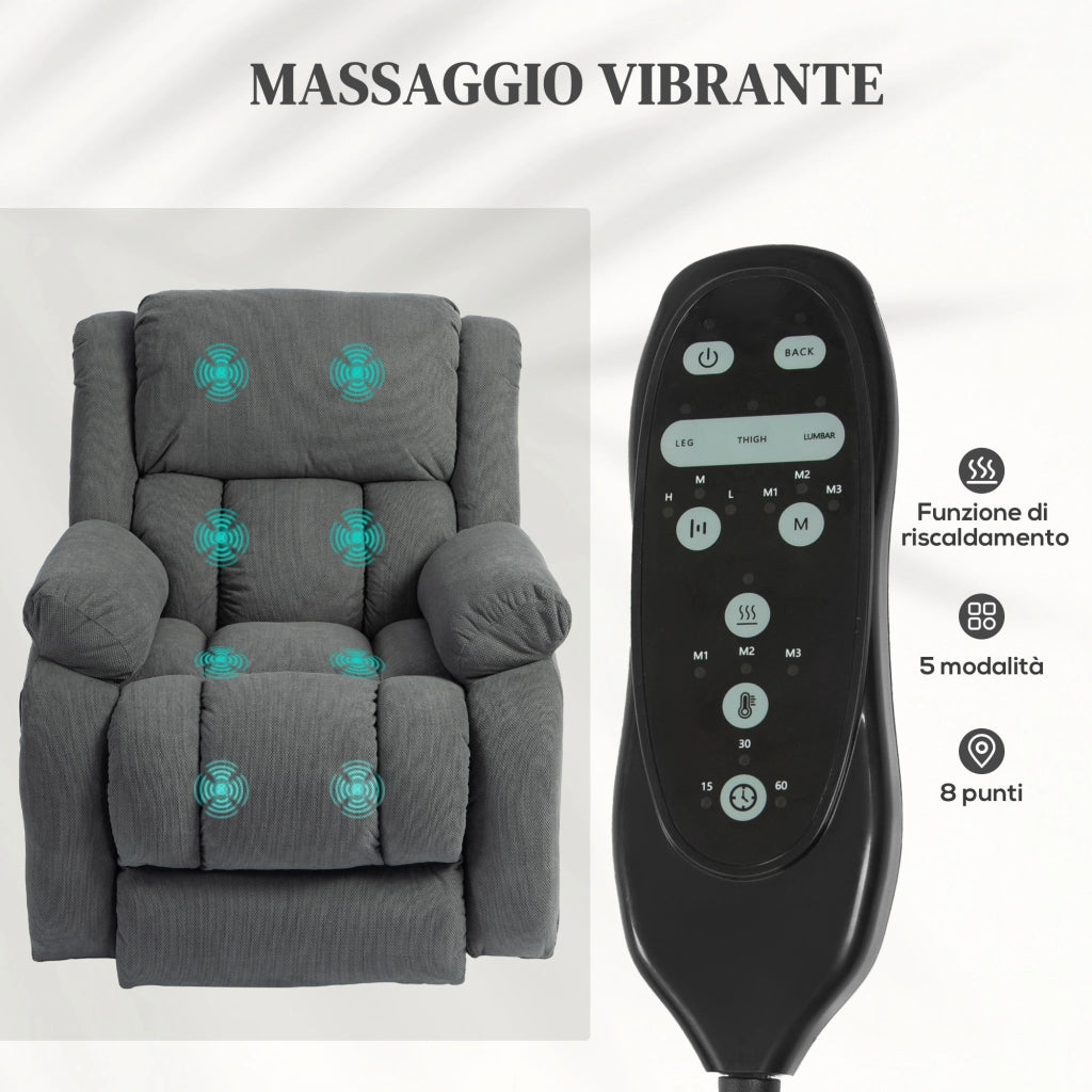 Poltrona Alzapersona Massaggiante e Reclinabile con 2 Tasche e Telecomando, 93x104x105 cm, Grigio