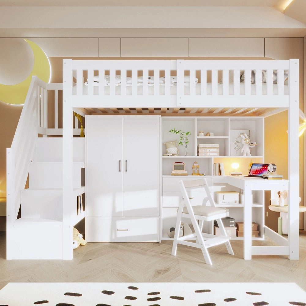 Letto a Soppalco con Scrivania, Armadio e Cassetti ¨C Xylo ¨C 90x200 cm, Bianco