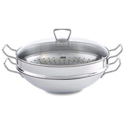 Fissler Padella Wok Nanjing 36 cm con Coperchio in Vetro e Inserto Vaporiera Acciaio Inox