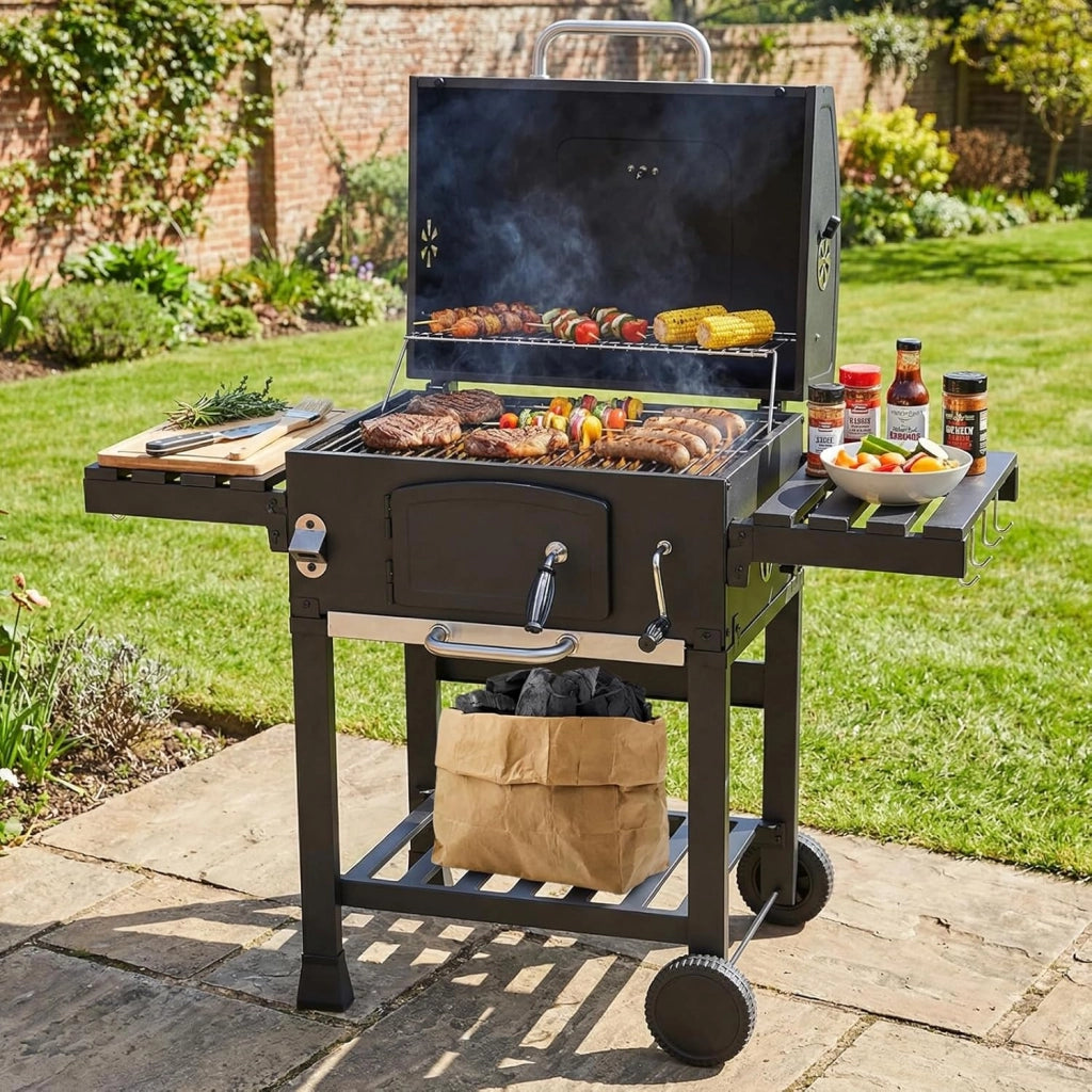 Barbecue Carbonella XXL con Coperchio, Griglia per Barbecue con Copertura Impermeabile, Ruote e Termometro, Altezza regolabile, Grande BBQ Smoke, per Campeggio, Giardino