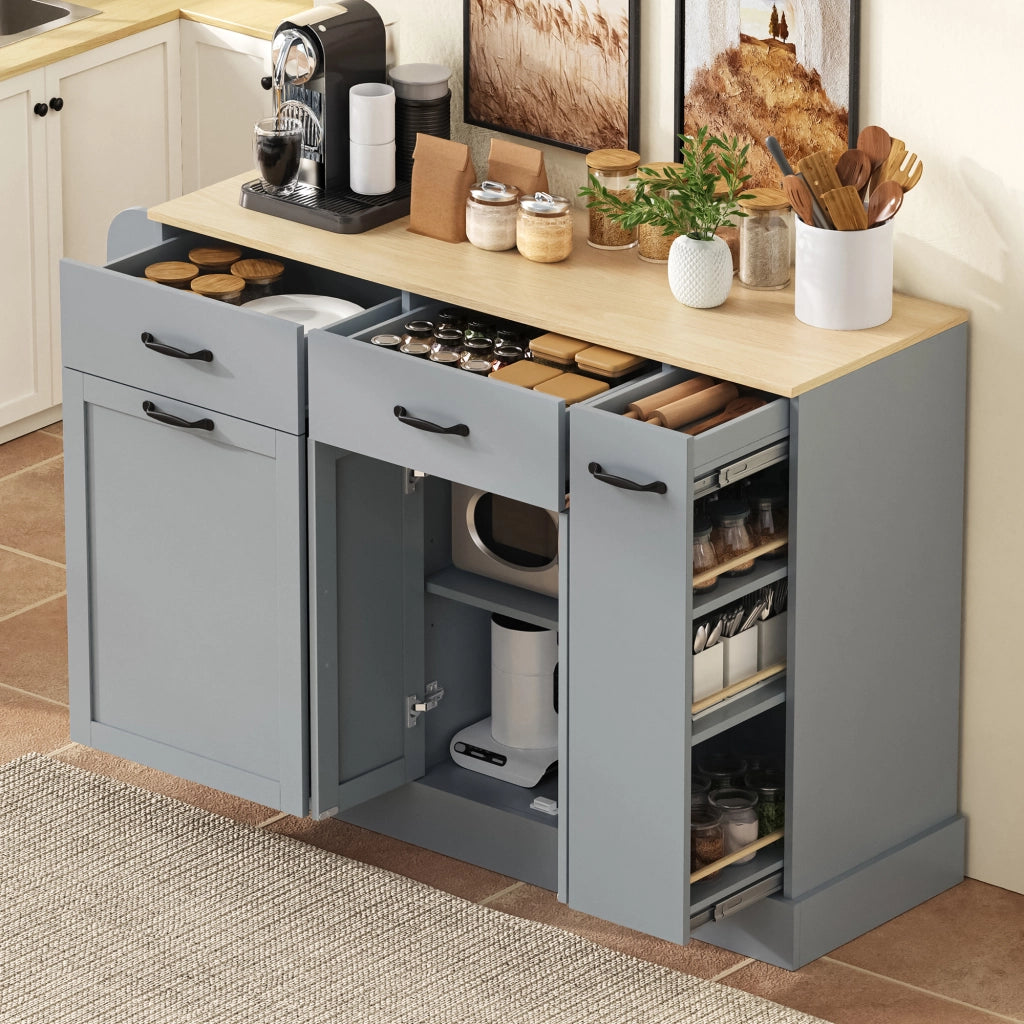 Credenza con vani aperti e scomparto per bidone - per cucina e sala da pranzo - 133.5×40×86 cm - grigio