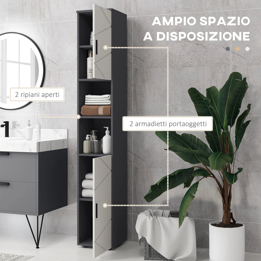 Colonna Bagno in Truciolato con 2 Ripiani Aperti e 2 Armadietti a 2 Livelli, 30x30x183 cm, Grigio