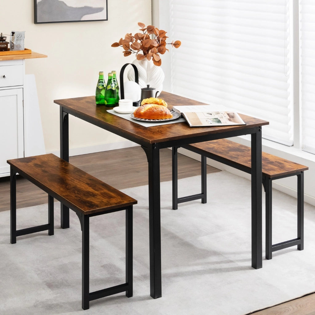 Set di tavolo e 2 panche da cucina con struttura in metallo antiruggine, Set tavolo e sedie da pranzo Marrone-Tavoli e sedie da pranzo